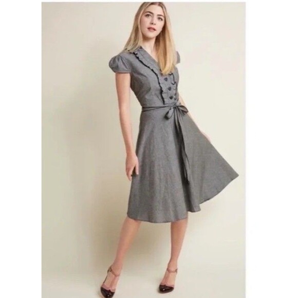 Y2K O’Sher 2XL Belted Collared Swing Ruffled Dress W Heart Button - Picture 3 of 5